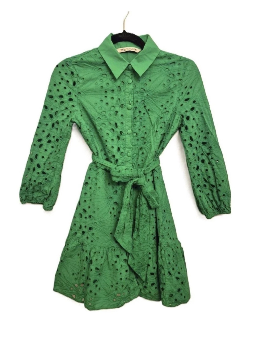 Zara Green Eyelet Shirt Dress with Tie Waist